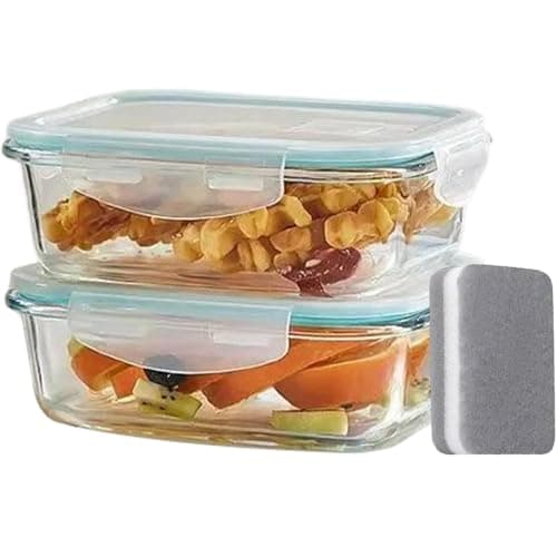Image of BEVKAF Glass Storage Containers With Lids, Glass Food Containers With Lids,Airtight and Reusable for Soup, Lunch, Leftovers, Salad (2PCS, 1040ML, Blue)