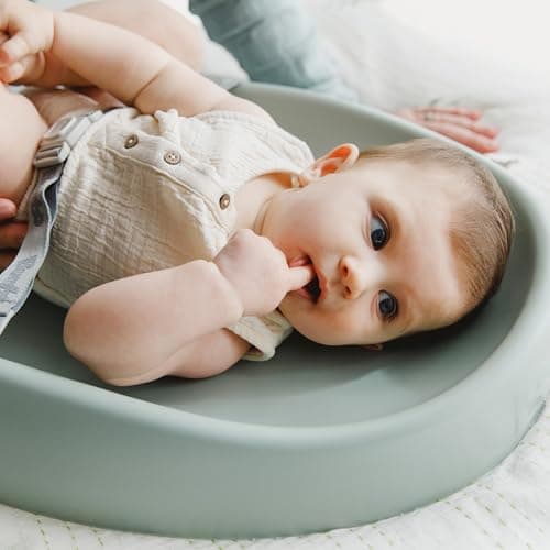 Image of Bumbo Changing Pad – Contoured Foam Baby Diaper Changing Mat with Safety Strap Waterproof & Easy to Clean Surface Non-Slip Base Comfortable & Secure Design for Dresser or Table Use -Sage