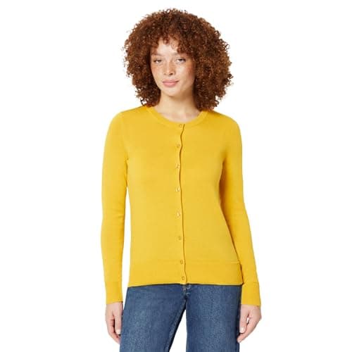 Image of Amazon Essentials Women's Lightweight Crewneck Cardigan Jumper (Available in Plus Size), Dark Yellow, S