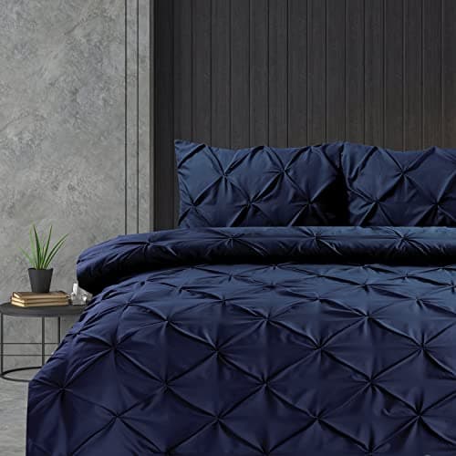 Image of Linen Home Pintuck Duvet Set Navy Pinch Pleat Soft Microfibre Double Bed Quilt Cover with 2 Pillowcases, Easy Care Wrinkle Free Bedding Set of 3 Pcs (Navy)