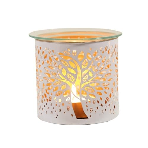 Image of Aroma Tealight Wax Melter & Candle Holder - White & Gold Silhouette Tree of Life 10.5cm