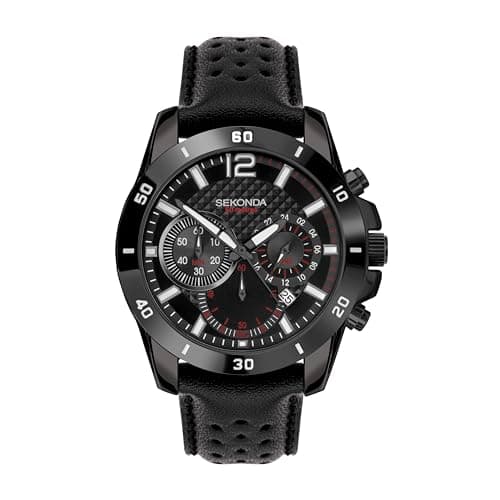 Image of Sekonda Solo Mens Watch – 44mm Sport Chronograph Watch for Men with Black Leather Strap, Date Window and Fixed Bezel – 50m Water Resistant – 2 Year Warranty