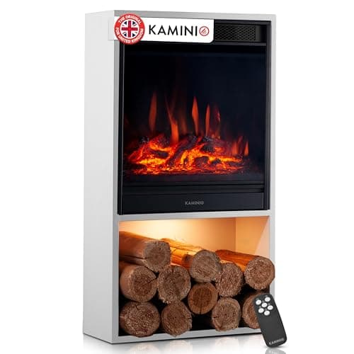 Image of KAMINIO Electric Fireplace HUGO - Electric Stove with Heater, 3D Flame Effect, LED Mood Light, Wood Storage Compartment, Remote Control (White)