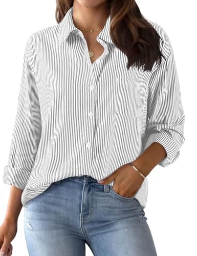 Image of Lonya Women's Blouses Shirts Long Sleeve Striped Tops Button Down Elegant V Neck Office Work Casual Tunic Shirt Gray,L