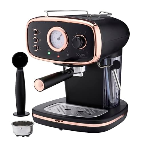 Image of Cooks Professional 15-Bar Retro Espresso Coffee Machine with Frothing Steam Wand, Built-In Temperature Gauge, 1.2L Water Tank & Stainless Steel Drip Tray | Black & Copper