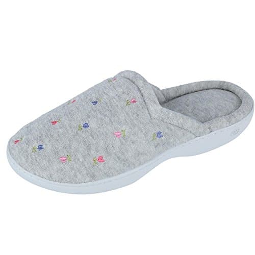 Image of Isotoner Women's Terry Slip on Clog Slipper with Memory Foam for Indoor/Outdoor Comfort, Heather Grey Flower, 3/4 UK