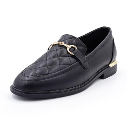 Image of Cushion Walk Women's EEE Extra Wide Fit Black Faux Leather Loafers, Comfortable Slip-On Flat Shoes, Low Block Heel, Casual or Work Wear (8 UK, Black)