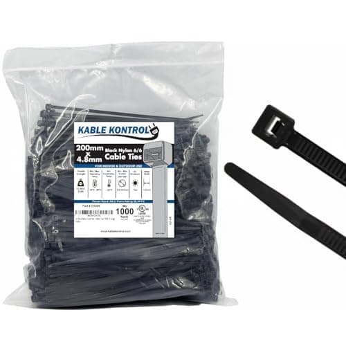 Image of Kable Kontrol Black Cable Ties, 200 mm x 4.8 mm, Pack of 1000, 8" Premium Nylon Zip Ties, Multi-Purpose Plastic Tie Wraps, Secure Self-Locking Mechanism, for Home, Garden, Office and DIY