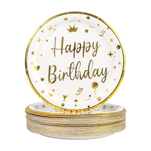 Image of 50PCS Happy Birthday Paper Plates 7 inch, Disposable White Gold Dessert Paper Plates Dinner Plates Cake Plate Party Supplies for Birthday Party Decorations (White Gold)
