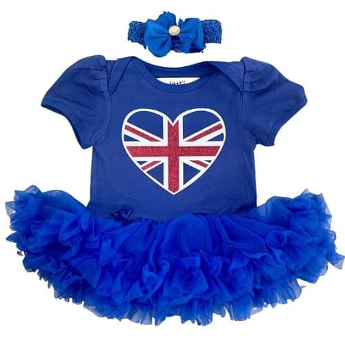 Image of Baby Girls Union Jack Heart Royal Blue Tutu Romper Dress and Headband, Newborn Celebration Party Outfit (6-12 Months)