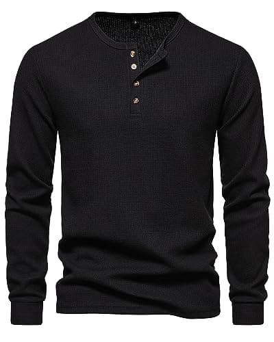 Image of MakingDa Henley T Shirt Mens Long Sleeve Slim Fit Waffle Grandad Collar 4 Button Jumper Tops Smart Casual Collarless Shirts-Black-L