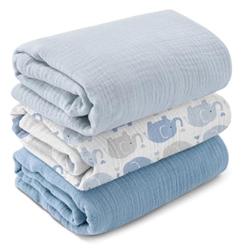 Image of GLLQUEN BABY Baby Blankets for Newborn Soft 3 Pack, Muslin Cotton Baby Boy or Girl Blanket 95x100cm, Swaddle Blanket for Newborn, Shower Gifts for New Moms（Elephant）