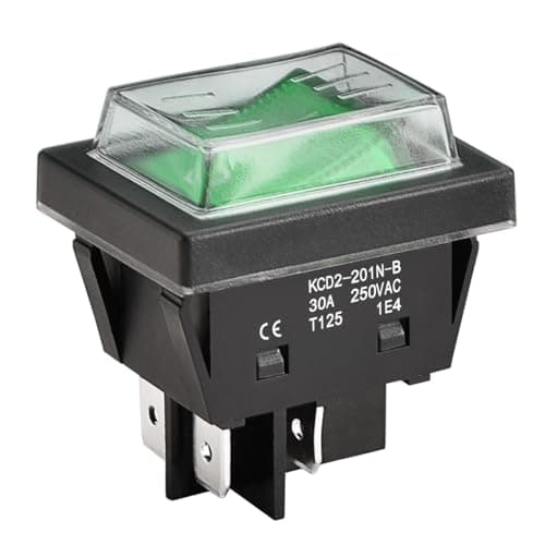 Image of Heschen High Current Rocker Switch, 30A 250VAC, ON-OFF 2 Position, DPST, 4 Terminals, Green Light, T125, with Waterproof Cover (1, Green)