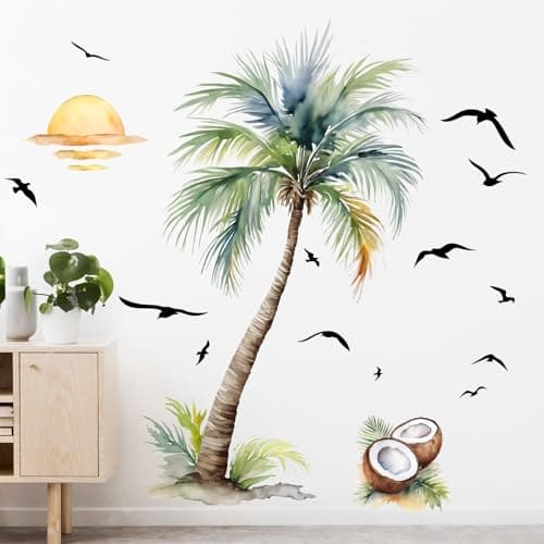 Image of Supzone Palm Tree Wall Stickers Tropical Spring Summer Plant Sunset Boho Beach Wall Decals Peel and Stick Wall Art Decor for Baby Nursery Classroom Living Room Bedroom Office Gifts for Mom