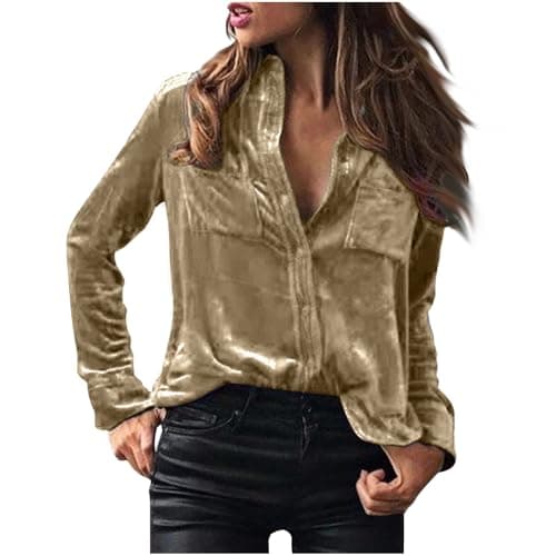 Image of TURWXGSO Velvet Tops Women Plus Size Long Sleeve Button Down Shirt Smart Casual Dressy Blouse Plain Vintage Jackets Modern Relaxed Cardigan Comfort Ladies Shirts for Office Work