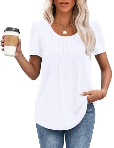 Image of MOLERANI T Shirts for Women UK Round Neck Loose Casual Puff Short Sleeve Summer Tee Tops Front Pleated T Shirt White XL