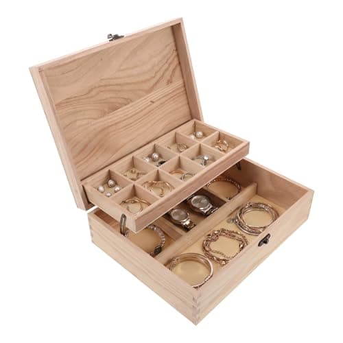 Image of Healeved Unfinished Wooden Jewellery Box, Large 2-Tier Trinket Storage Organiser with Locking Clasps, DIY Craft Plain Case for Earrings, Necklaces, Rings & Watches
