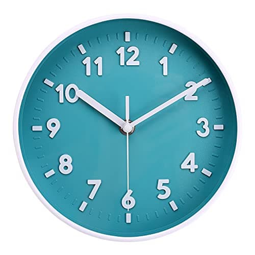 Image of Topkey 8” Round Silent Wall clock Easy Read Big Numbers Kitchen Modern Non-ticking Decorative Wall Clock for Bedroom Office school-Teal