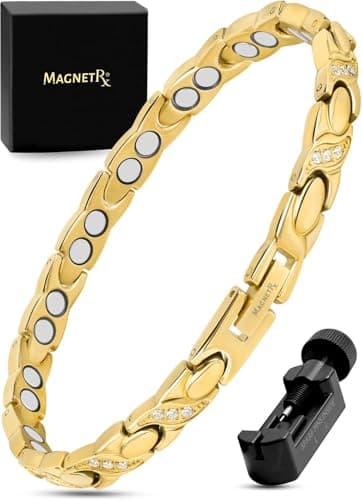 Image of MagnetRX® Ultra Strength Magnetic Bracelets for Women – Double Magnet Stainless Steel Crystal Bracelet for Women – Adjustable Bracelet Length with Sizing Tool (Gold XO)