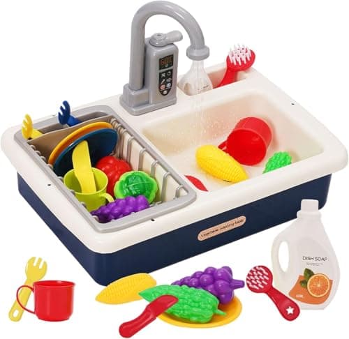 Image of Kids Kitchen Play Sink Toy Set Pretend Role Plays Kitchen Toys Play Sinks with Running Water,PlayFood,Cutting Plays Dishwasher with Automatic Water Cycle System Blue