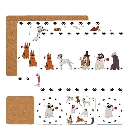 Image of Placemats and Coasters Set – 8-Piece (4+4) Heat-Resistant, Waterproof, Non-Slip Cork Table Mats for Dining, Kitchen, and Outdoor Use – Easy to Clean Dogs Theme with Paw Print Patterns