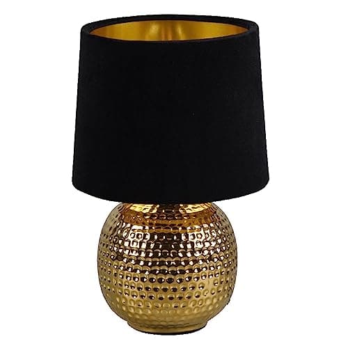 Image of Gold Ceramic Vintage Hammered Globe Table Desk Lamp with Black Velvet Shade | 26cm Height | 1 x SES E14 Lamp Bulb Required | UK Approved | Retro Design | Tapered Drum Lampshade