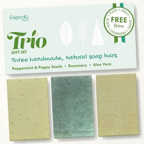 Image of Friendly Soap Natural Soap Bar 3 Pack - Handmade Cold Process Bars for Hand, Bath & Body - Moisturising, Suitable for Men & Women - 3 x 95g (Peppermint & Poppy Seeds, Rosemary, Aloe Vera)