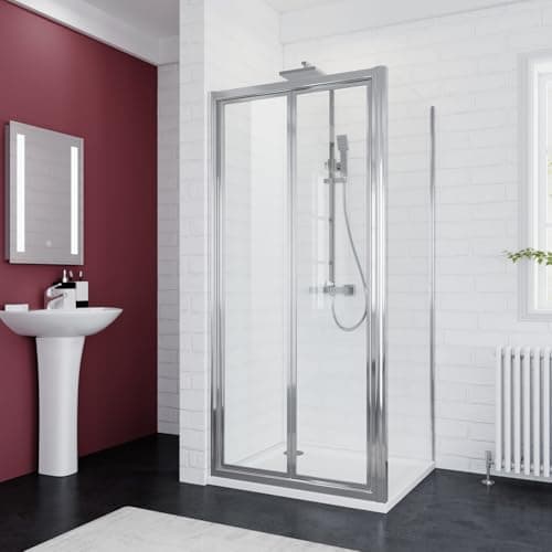 Image of ELEGANT 900 x 900 mm Bifold Glass Shower Enclosure Reversible Folding Shower Cubicle Door with Side Panel + Stone Tray
