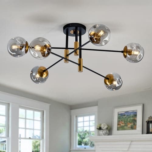 Image of EOPSPYI Modern 6 Light Glass Globe Shade Sputnik Chandelier Black and Gold Semi Flush Mount Ceiling Light Fixture Mid Century Fitting for Living Room Dining Room Bedroom Kitchen Hallway