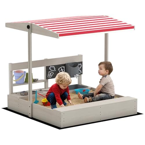 Image of Outsunny Sand Pit Kids Sandbox with Height Adjustable Canopy, Wooden Sandpit with Kitchen Toys, Faucet, Seat, Storage, Bottom Liner for 3-7 Years Old Outdoor