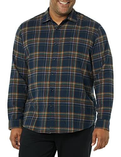 Image of Amazon Essentials Men's Long-Sleeved Flannel Shirt, Brown Dark Navy Plaid, M