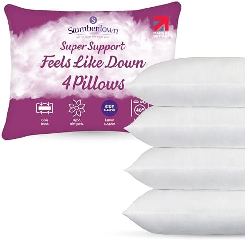 Image of Slumberdown Feels Like Down Pillows 4 Pack - Super Support Down Alternative Pillow for Side Sleepers, Core Foam Block | UK Made, Non-Allergenic, Washable (48 x 74cm)