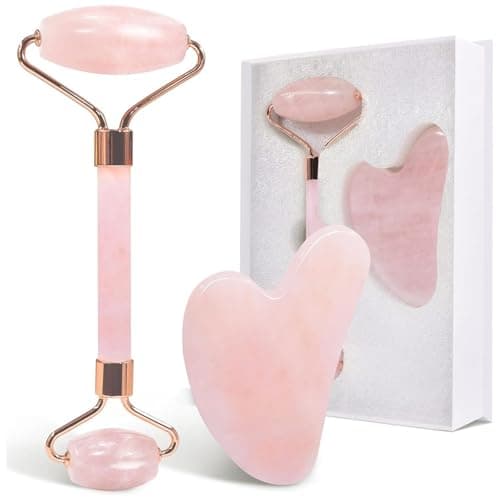 Image of Jade Roller and Gua Sha Set, Rose Quartz Roller with Guasha Stone, Face Roller for Women, Massage Tool for Face, Neck and Body Muscle Relaxing, Pink