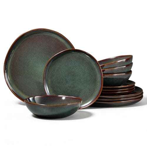 Image of Onader 12 Piece Dinner Set, Reactive Glaze Porcelain Dinner Sets for 4 People, Irregular Round Stoneware Dinnerware Service for 4, Include Plates and Bowls, Dishwasher & Microwave Safe, Moss Green