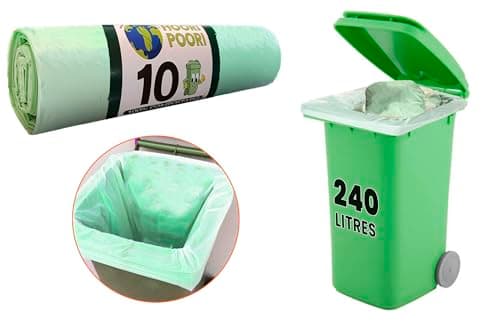 Image of HooriPoori 240 L 10 100% Compostable Biodegradable Wheelie Bin Liners Strong and Leak proof Wheelie Bin Bags Food Waste Bags 100% Corn Starch Plastic Free Fully Compliant with EN 14323 & AS 4736