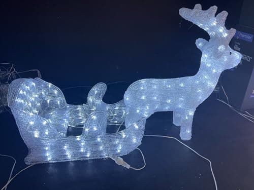 Image of Acrylic Reindeer and Sleigh Christmas Feature With 160 White Low Voltage LED Lights with Transformer - For Indoor or Outdoor Use