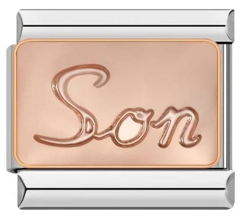 Image of Mon & Sons M&S A-Z Rose Gold Family Mum Daughter Grandad Grandma Sister Brother 9mm Italian Charm Compatible With Nomination Bracelet (Son)