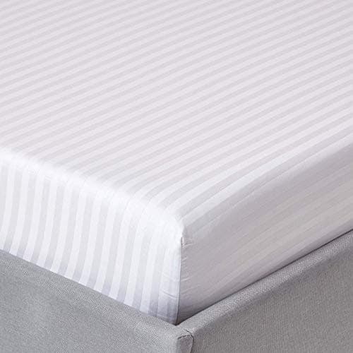 Image of HOMESCAPES White Deep Fitted Sheet (12”) Double 330 TC 500 Thread Count Equivalent Satin Stripe Pure Egyptian Cotton Bed Sheet with Fully Elasticated Skirt