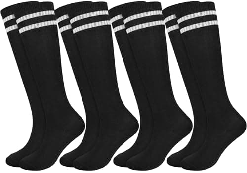 Image of KOOOGEAR 4 Pairs Kids Football Socks Boys Girls Black Knee High Athletic Socks Long Sleeves Cotton Sports Soccer Rugby HockeyTraining Socks for Children Youth Junior 6-12 Years