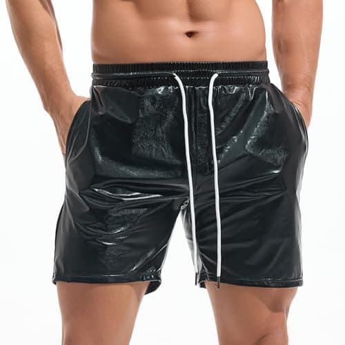 Image of Amy Coulee Mens Metallic Shorts 5 Inch Rave Hot Pants Shiny Sparkly Shorts with Pockets (Black, XL)
