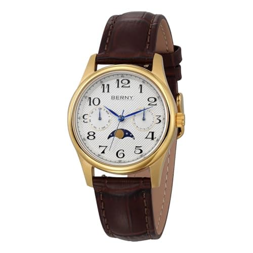 Image of BERNY Gold Watch for Women Moon Phase Watches Ladies Quartz Wristwatch Easy Read Arabic Numerals Dial Multi-Function Analog Watches Stainless Steel Case Sub-dail with Date Day Calendar, White, Classic
