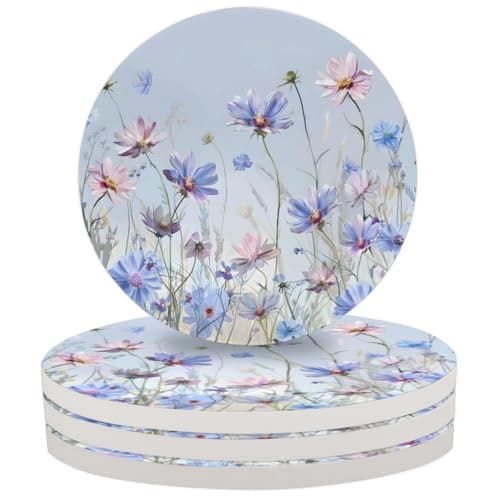 Image of Mintoprints Daisy Floral Drink Coasters for Coffee Table, Floral Spring Absorbent Ceramic Coaster Set of 2 for Kinds of Cups, Home Decor, 4 Inches