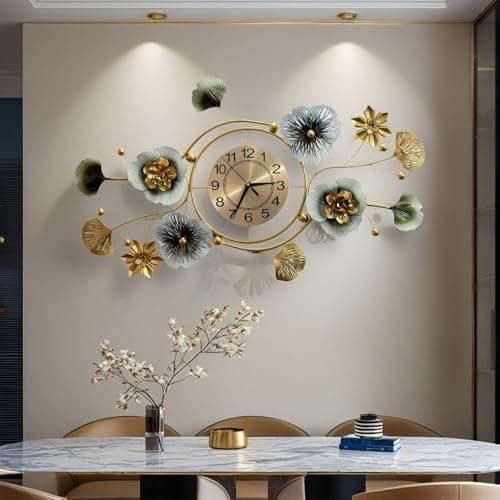 Image of GZDDYUMYJX Large Wall Clock,Clocks for Living Room,Silent Wall Clock,3D Creative Metal Ginkgo Leaf Design, for Bedroom Kitchen Decorative Wall Clocks (Green Gold, 33.9‘’x20.9‘’/86x53cm)