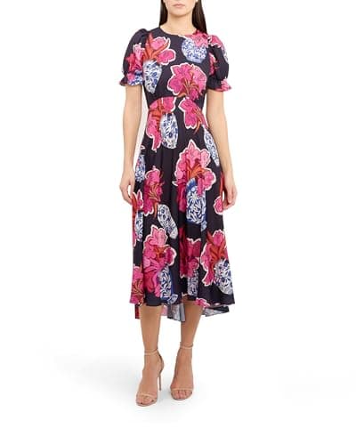 Image of Ted Baker London sauzal-midi Tea Dress with Puff Sleeve, Navy