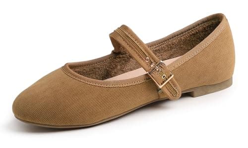 Image of Feversole Women's Soft Cushion Extra Padded Comfort Round Toe Mary Jane Metal Buckle Fashion Ballet Flats Walking Shoes Camel Corduroy Short Plush Lining UK Size 6