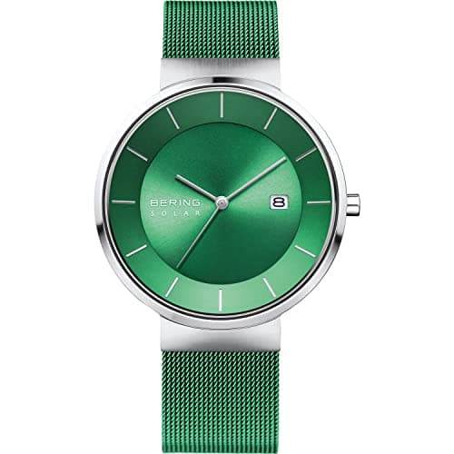 Image of BERING Men's Solar Watch | 39mm Case | Wristwatch with Silver Case | Green Dial | Green Milanese Strap | 5 ATM | 14639-Charity