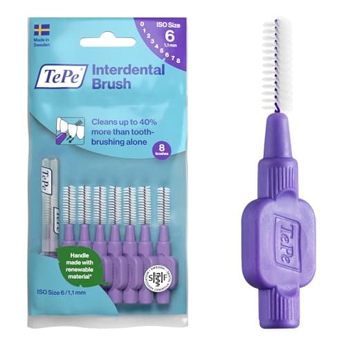 Image of TePe Interdental Brush, Original, Purple, 1.1mm/ISO 6, 8pcs, Plaque Removal, Effective Cleaning Between Teeth, Dental flosser for Large Gaps