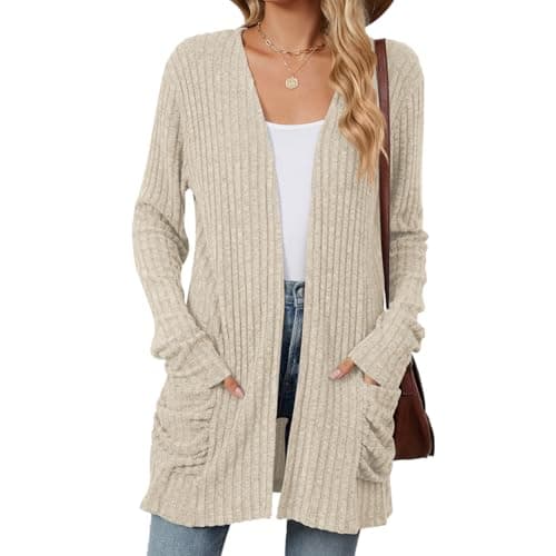 Image of Famulily Comfy Autumn Winter Cardigans for Women, Open Front Cardigans Sweaters for Ladies with Pockets (M, Beige)