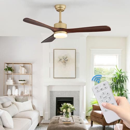 Image of Mikeru Ceiling Fan with Lights 132cm/52inch, Brown 3 Blade Flush Mount Ceiling Fan Wood Light 10% to 100% Dimmable Quiet DC Motor Fan with Remote 3000K/4500K/6000K for Living Room