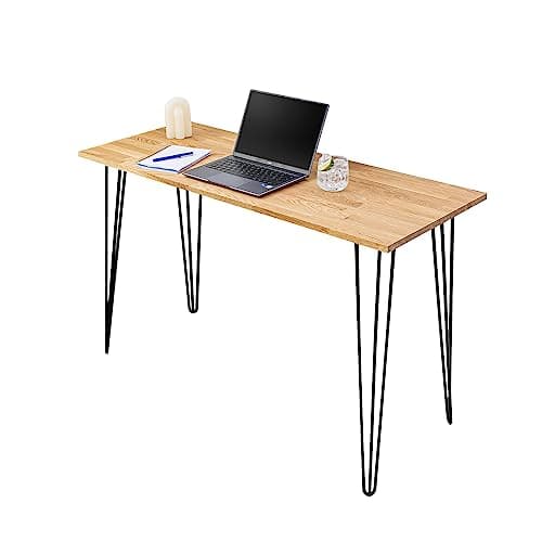 Image of domli Solid Oak Wood Home Office Computer Desk With Black Hairpin Legs | 800mm x 500mm x 27mm | Modern Wooden Workstation Table For Work, Writing And Study | Black Metal Hairpin Legs